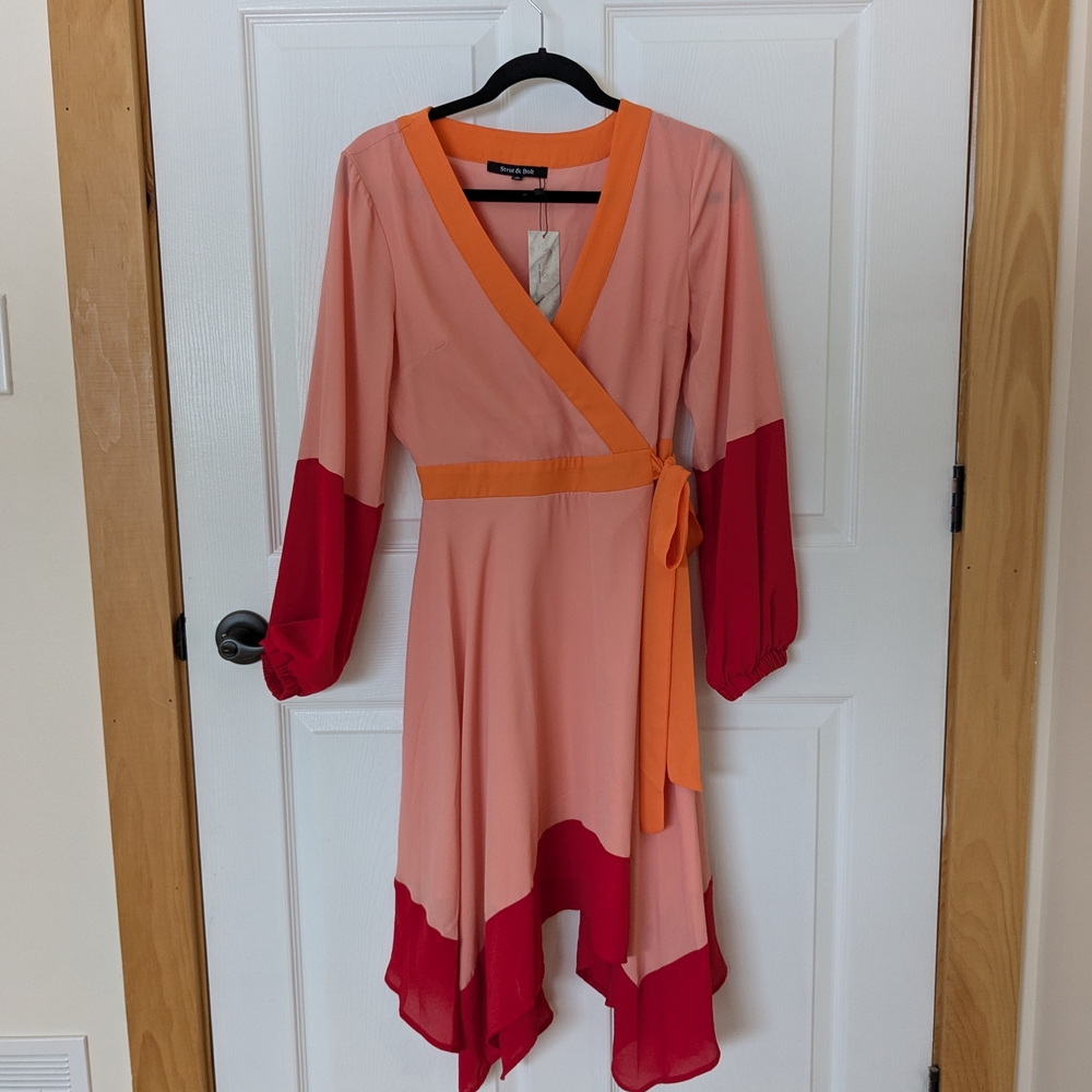 Colorblock Wrap Dress - Red and Orange
